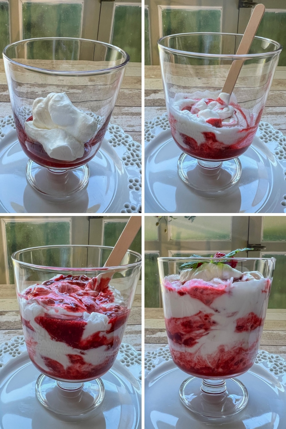 four photos showing how to assembly raspberry fool dessert.