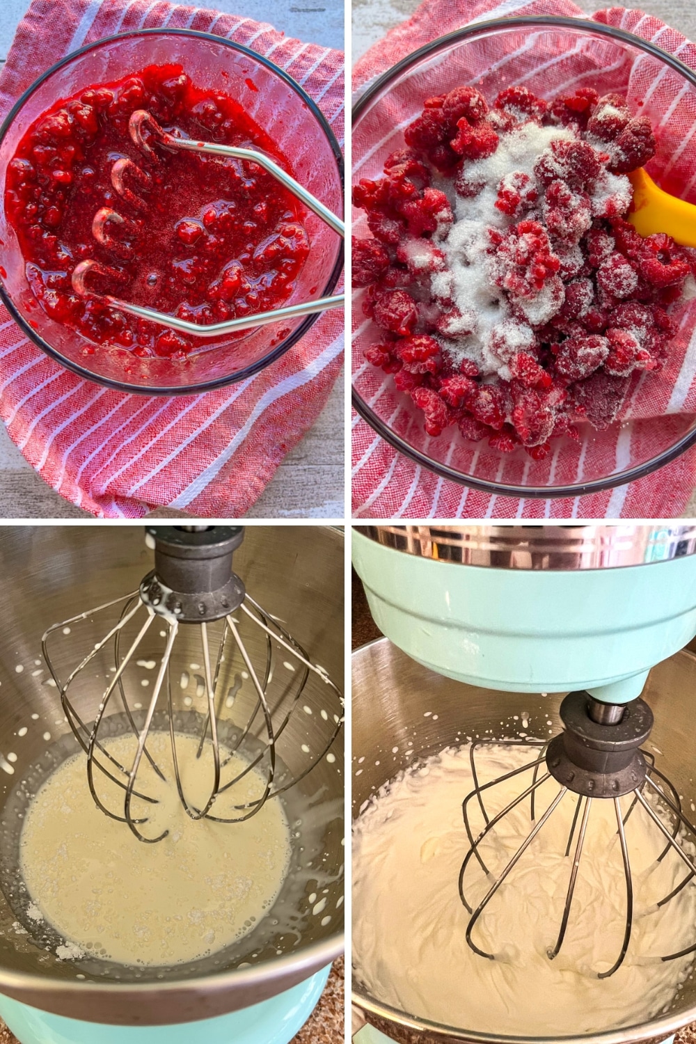 four photos showing how to make raspberry fool dessert