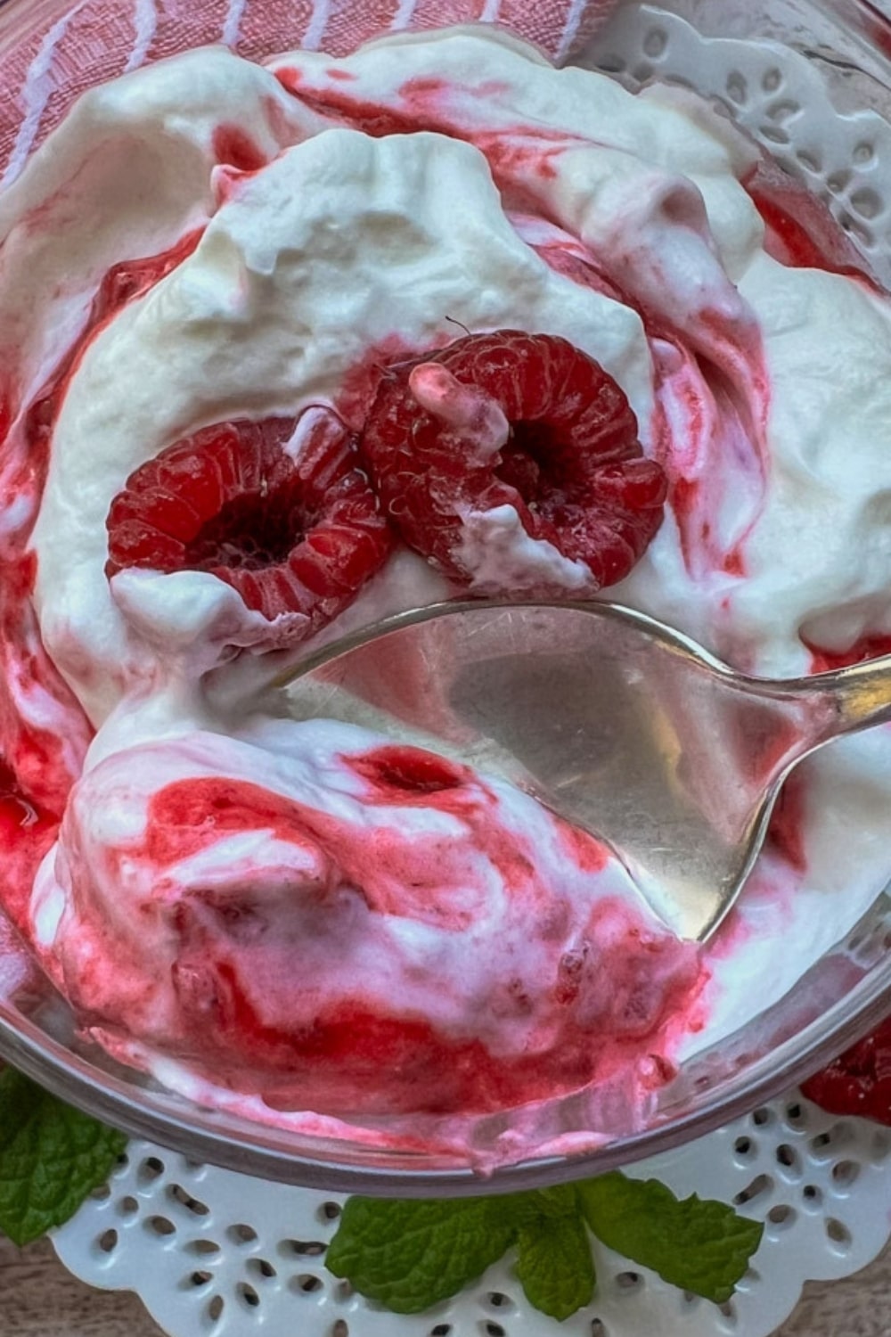 overhead shot of raspberry fool dessert.