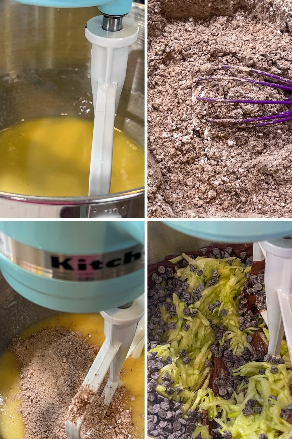 FOUR PHOTOS SHOWING HOW TO MAKE MINI-CHOCOLATE-ZUCCHINI-BREAD